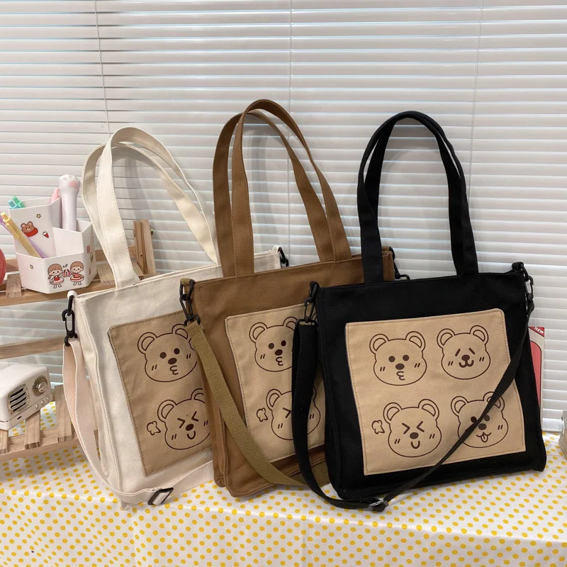 

Women Canvas Shoulder Bag Bears Print Eco Cotton Cloth Square Handbag College Girls Books Tote Cute Shopping Bags For Ladies