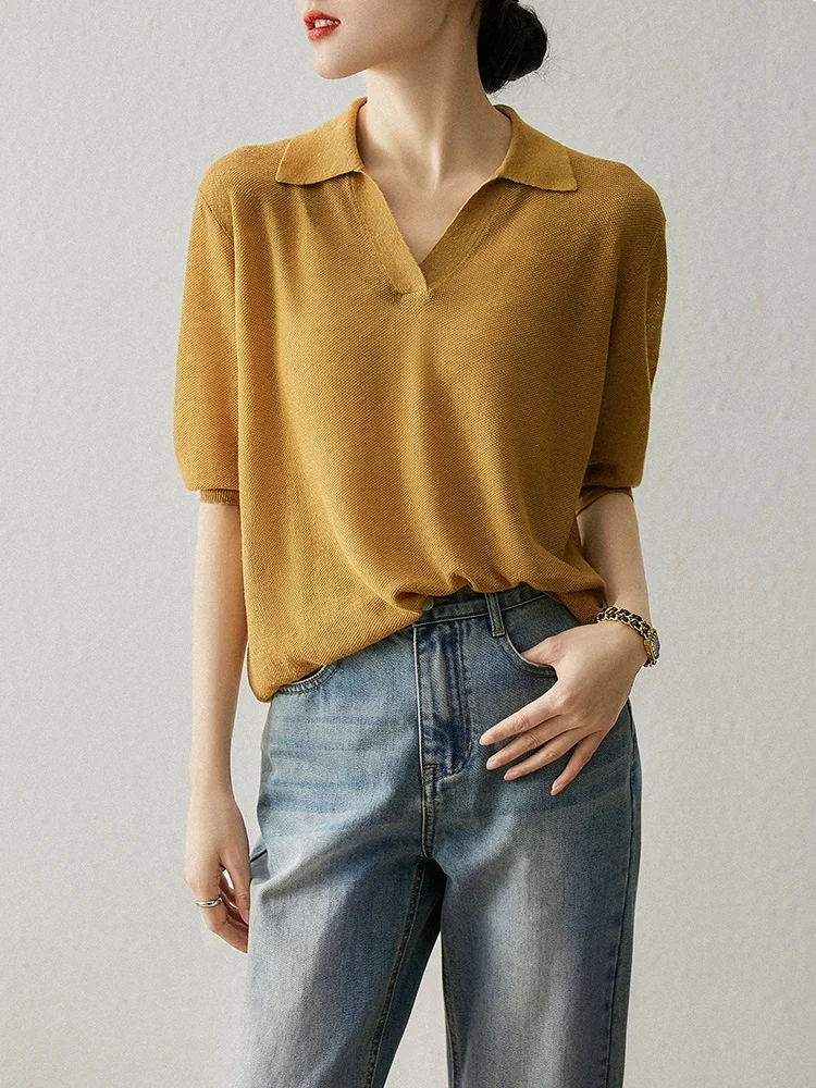 TuangBiang Summer 2022 New Women Pullovers Turn-Down Collar Short Sleeve Knitted T-Shirt Linen Cotton Loose Elasticity Thin Tops
TuangBiang Summer 2022 New Women Pullovers Turn-Down Collar Short Sleeve Knitted T-Shirt Linen Cotton Loose Elasticity Thin Tops