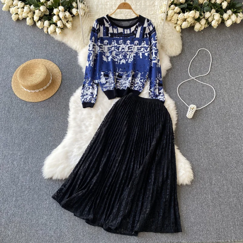 Осенний вязаный жаккардовый свитер + Черная кружевная плиссированная юбка, комплект из двух предметов 
Осенний вязаный жаккардовый свитер + Черная кружевная плиссированная юбка, комплект из двух предметов