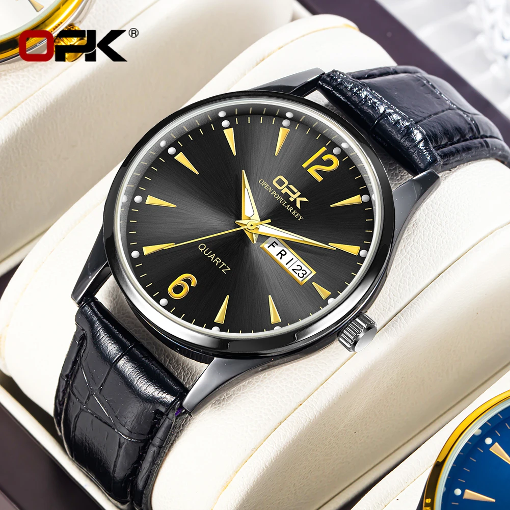 

OPK 8138 Fashion Quartz Watch For Men Waterproof Luminous Calendar Week Display Watches Simple Dial Leather Strap Man Wristwatch