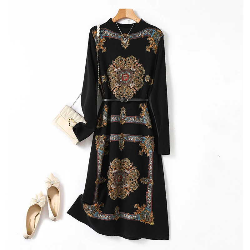 2023 Autumn/Winter Knitted Long Sleeve Vintage Jacquard Bottom Dress Women's O-Neck Loose Large Slim Sweater Knee Length Dress
2023 Autumn/Winter Knitted Long Sleeve Vintage Jacquard Bottom Dress Women's O-Neck Loose Large Slim Sweater Knee Length Dress