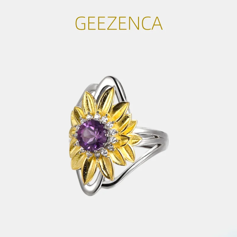 GEEZENCA Natural Amethyst S925 Silver Two Tone Plated Daisy Wide Rings For Women Bicolor Flower Adjustable Cocktail Ring Female 
GEEZENCA Natural Amethyst S925 Silver Two Tone Plated Daisy Wide Rings For Women Bicolor Flower Adjustable Cocktail Ring Female