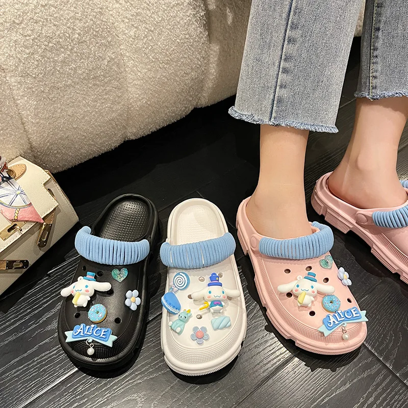 

Симпатичные Мультяшные туфли Sanrio с отверстиями Kawaii аниме Mymelody Kuromi Cinnamoroll Diy шлепанцы для девочек Baotou босоножки на толстой подошве