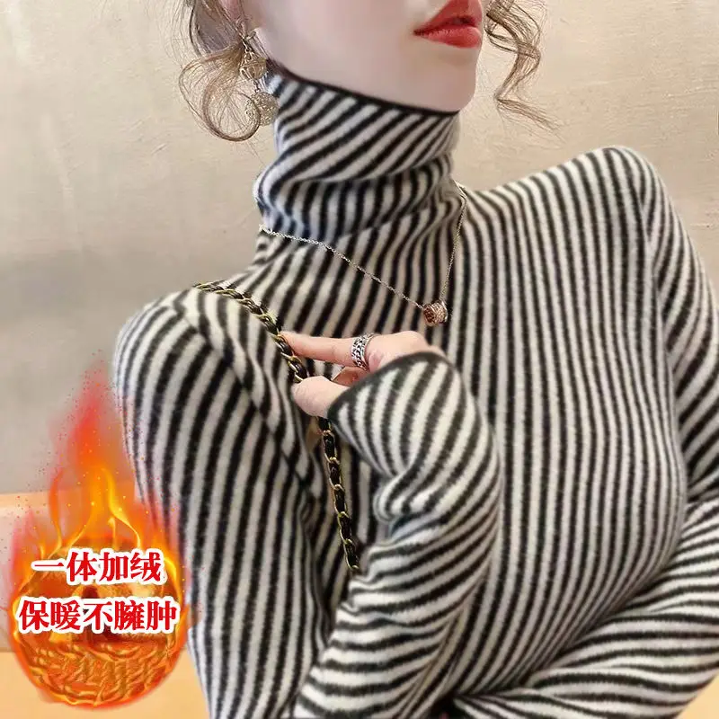 

Women's Fashionable Striped Turtleneck Long Sleeve Interior Lapping Winter Fashion Slim Fleece Pullovers Ladies Undercoat Tops