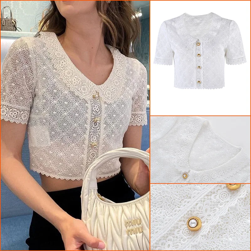 Miu White Lace Doll Collar Short-sleeved Shirt Women's 2022 Summer New First Love Breasted Cardigan Top
Miu White Lace Doll Collar Short-sleeved Shirt Women's 2022 Summer New First Love Breasted Cardigan Top