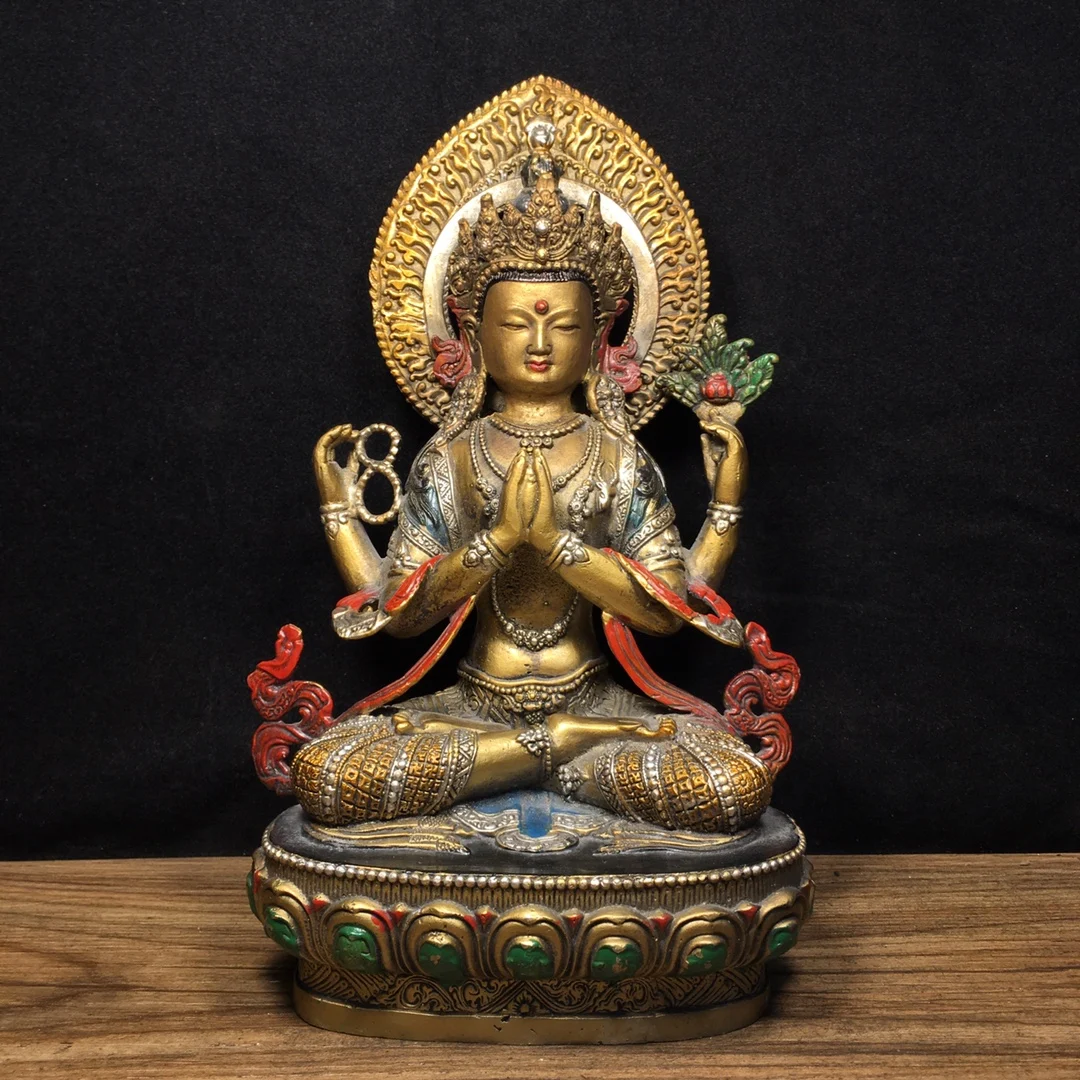 9"Tibetan Temple Collection Old Bronze Painted Backlight Four Arm Guanyin lotus platform Worship Hall Town House Exorcism
9"Tibetan Temple Collection Old Bronze Painted Backlight Four Arm Guanyin lotus platform Worship Hall Town House Exorcism