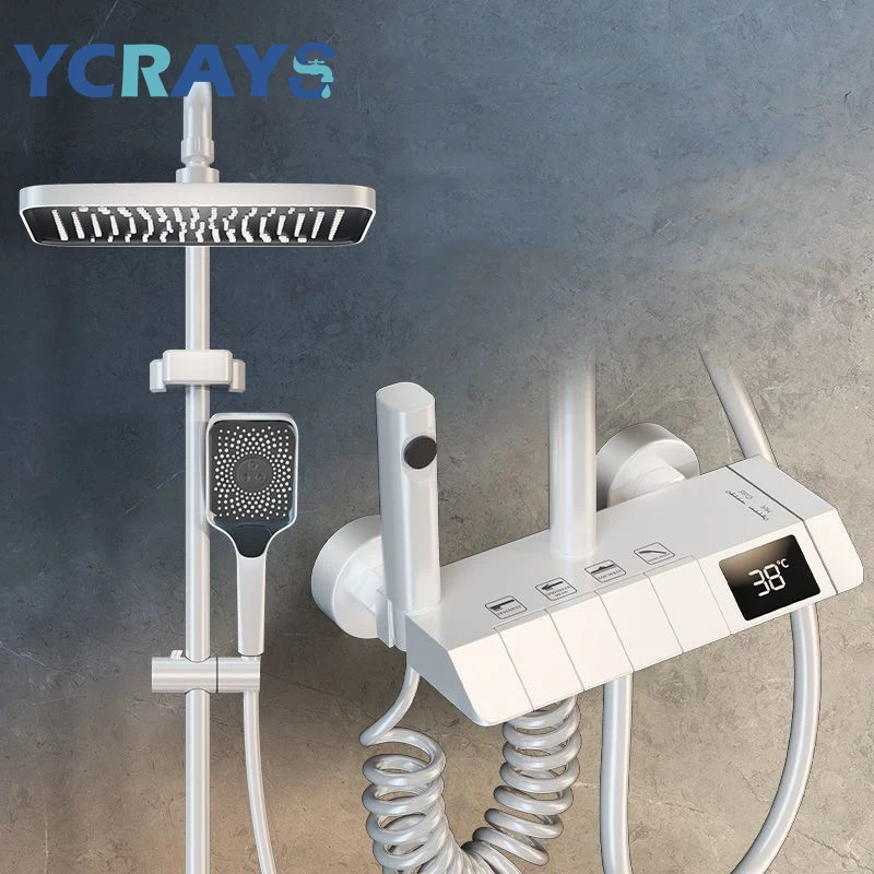 

YCRAYS White Digital Display Thermostatic Shower Faucet Set Brass Rainfall Bathtub Tap For Bathroom Mixer With Shelf Hydropower