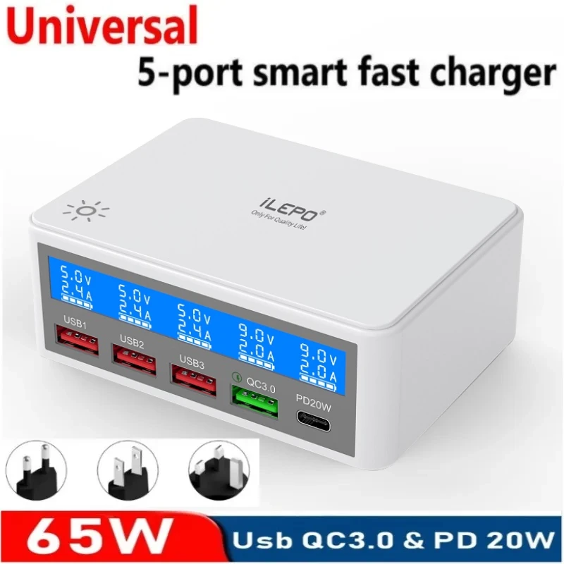 65W PD QC Fast USB Charger 5 Ports Smart Charge Station Hub Quick Charge Adapter USB C Charger Type C Display Desktop Chargers
65W PD QC Fast USB Charger 5 Ports Smart Charge Station Hub Quick Charge Adapter USB C Charger Type C Display Desktop Chargers