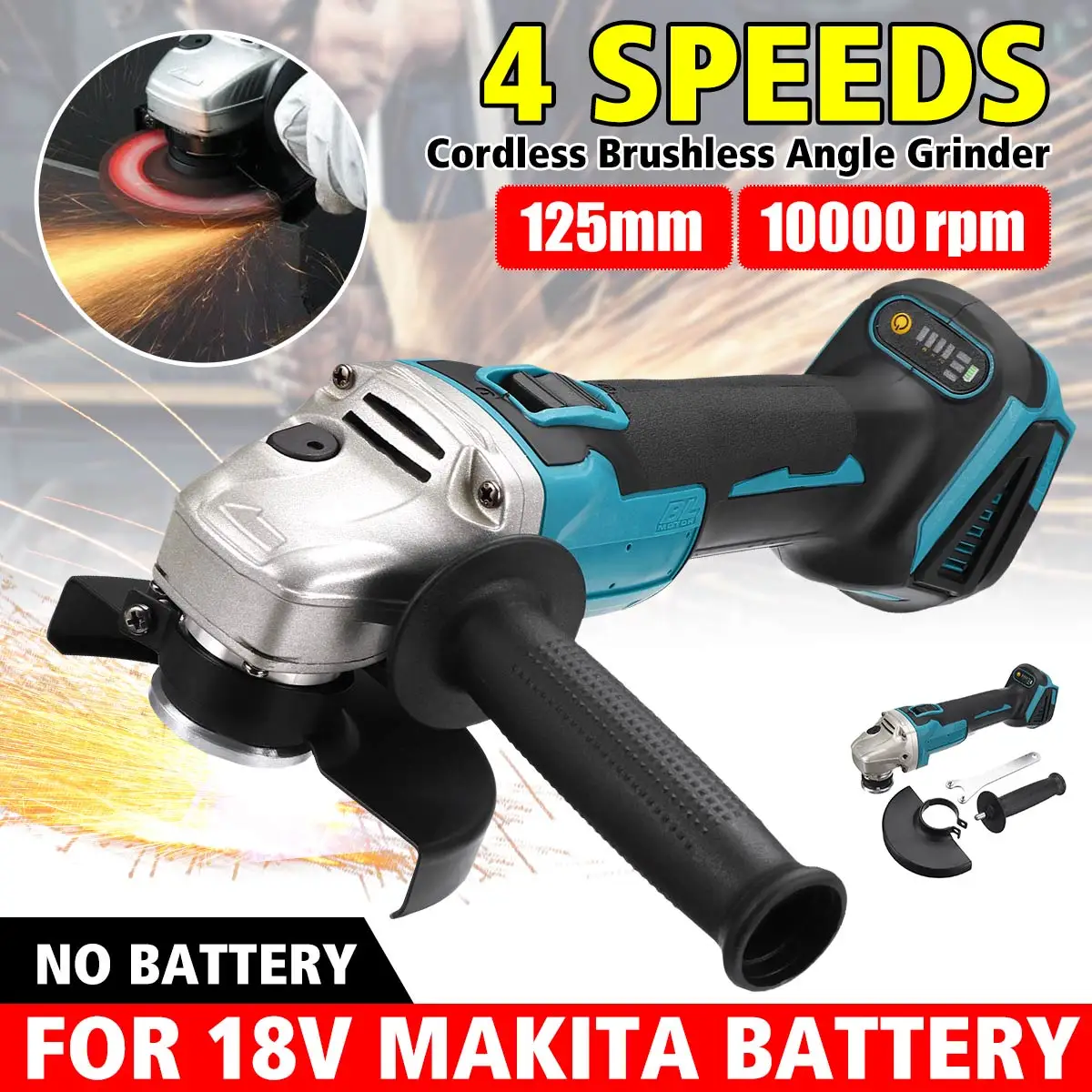 125mm Brushless Cordless Angle Grinder Variable 4 Speed DIY Cutting Grinder Machine Power Tool Compatible for Makita 18V Battery
125mm Brushless Cordless Angle Grinder Variable 4 Speed DIY Cutting Grinder Machine Power Tool Compatible for Makita 18V Battery