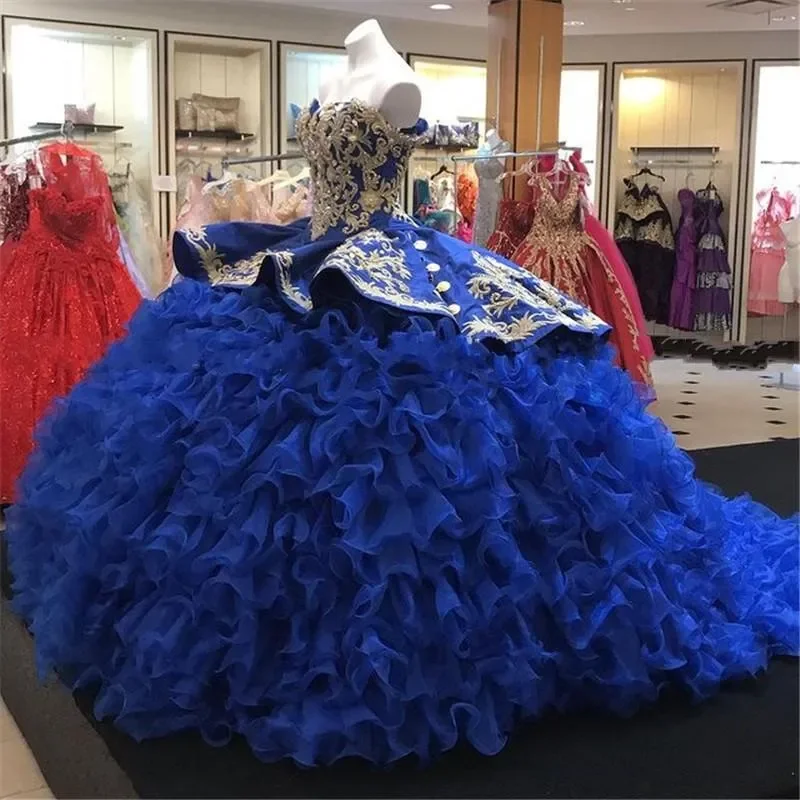 

Iridescent Sweetheart Royal Blue Quinceanera Dresses Cascading Ruffles Embroidery Beaded Tiered Satin Sweet 16 Princess Ball