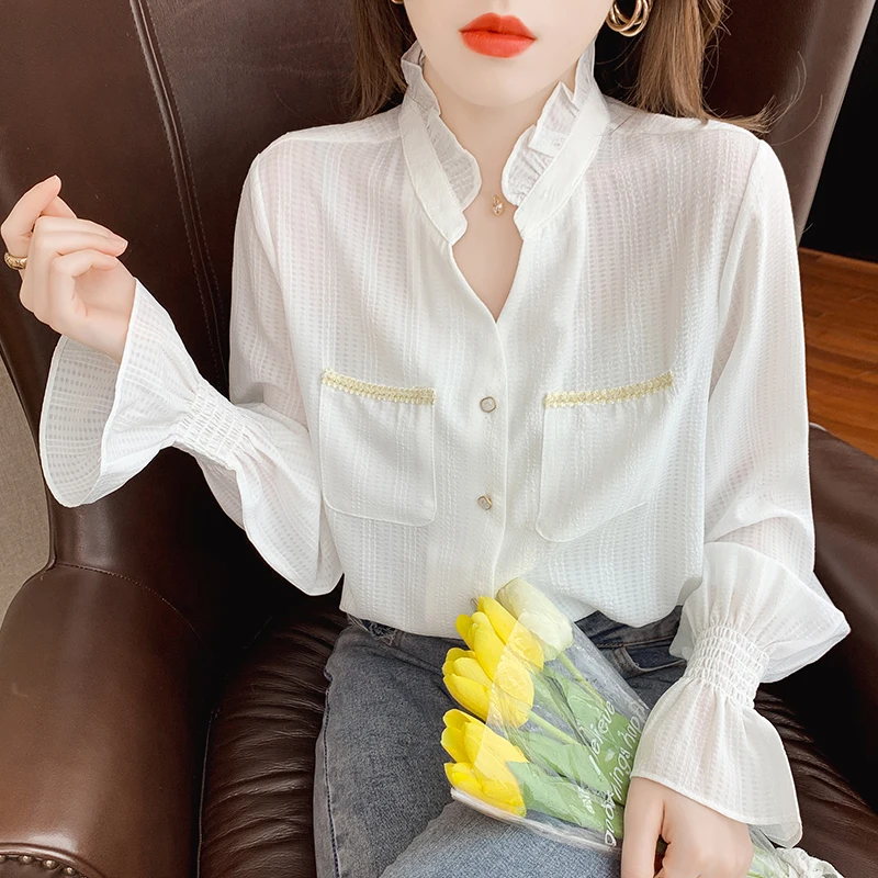 Chiffon Loose Women's Shirts New Fashion Blouses Casual Long Sleeve Blusas Solid Color V-neck Shirt Spring Houthion
Chiffon Loose Women's Shirts New Fashion Blouses Casual Long Sleeve Blusas Solid Color V-neck Shirt Spring Houthion