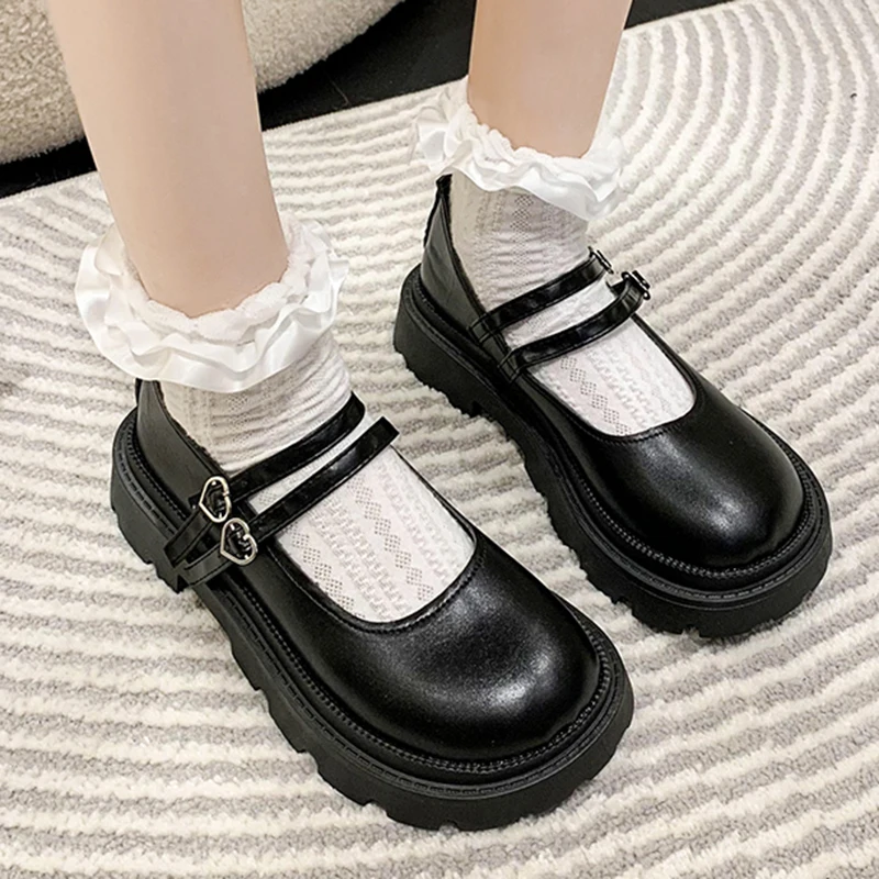 

Lucyever Japanese Double Buckle Mary Janes Women 2022 Vintage Pu Leather Platform Shoes Woman Round Toe Med Heels Lolita Shoes