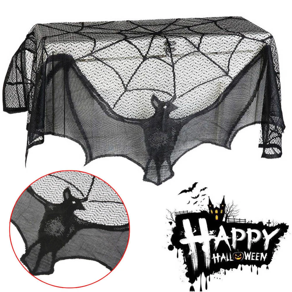 

Halloween Decorative Bats Curtains Black Lace Spider Web Holiday Stove Towel Lampshade Fireplace Cloth Decor for Spooky Festival