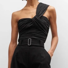 VGH Asymmetrical Soild Tank Tops For Women Diagonal Collar Sleeveless Off Shoulder Folds Slimming Vests Female Summer Clothing
