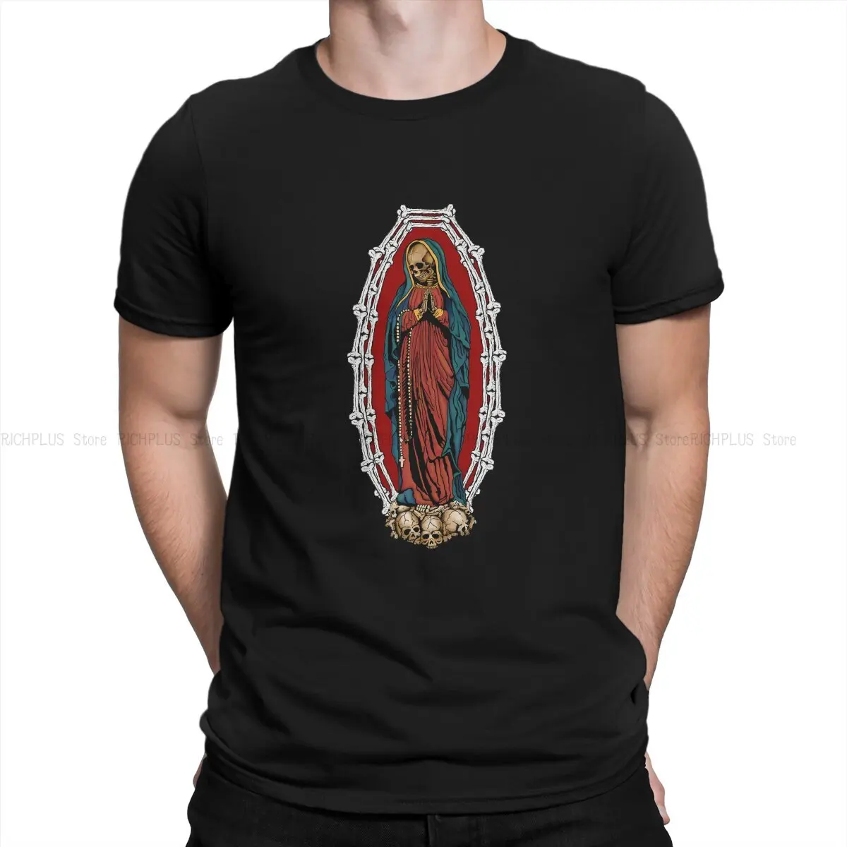 

Santa Muerte Men TShirt Mexico Skull Crewneck Short Sleeve T Shirt Funny Gift Idea