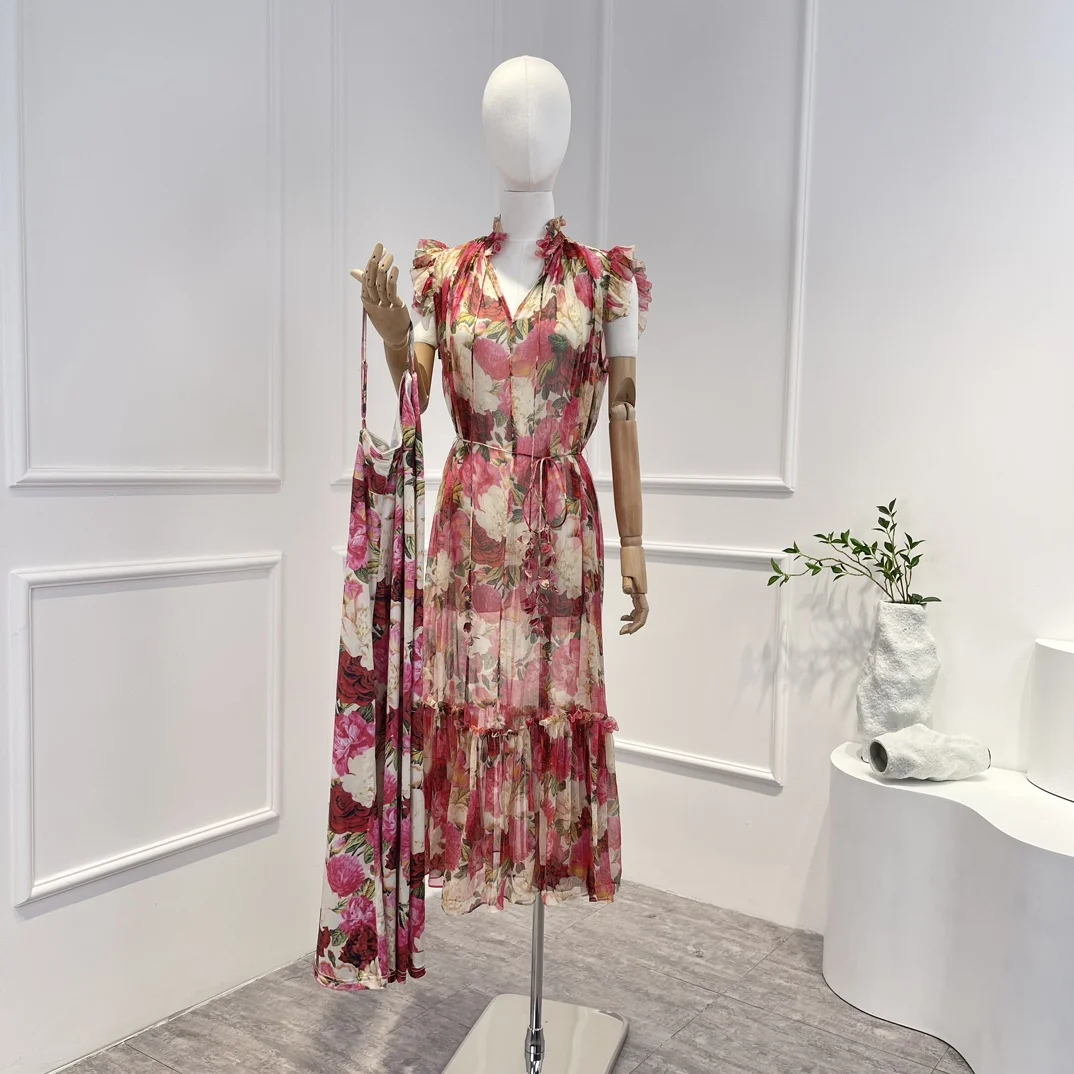 

Женское платье средней длины, красное шелковое платье с полуоткрытым воротником и цветочным принтом, 2023