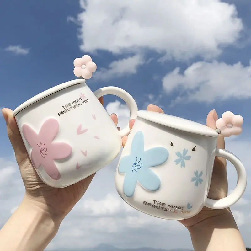 

Japanese cherry blossom ceramic water cup mug with lid and spoon female large-capacity drinking cup milk cup beverage juice cup