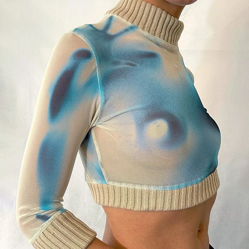 Женские укороченные топы с принтом Tie Dye эластичная облегающая футболка длинным