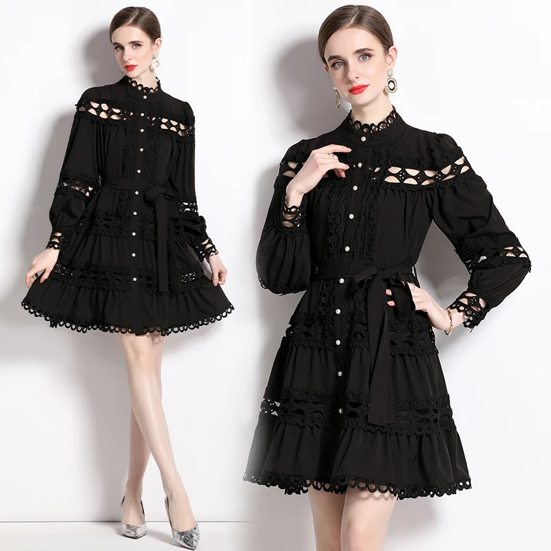 Women's Spring and Summer New High-end Style Standing Collar Lantern Long-sleeved Hollowed-out Single-breasted Bow Fashion Dress
Women's Spring and Summer New High-end Style Standing Collar Lantern Long-sleeved Hollowed-out Single-breasted Bow Fashion Dress