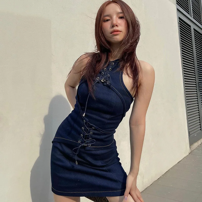 Women Sleeveless Denim Halterneck Dress 2022 Summer Ladies Mini Blue Dress Lace-up Sexy Party Short Mini Dress Causal Clothes
Women Sleeveless Denim Halterneck Dress 2022 Summer Ladies Mini Blue Dress Lace-up Sexy Party Short Mini Dress Causal Clothes