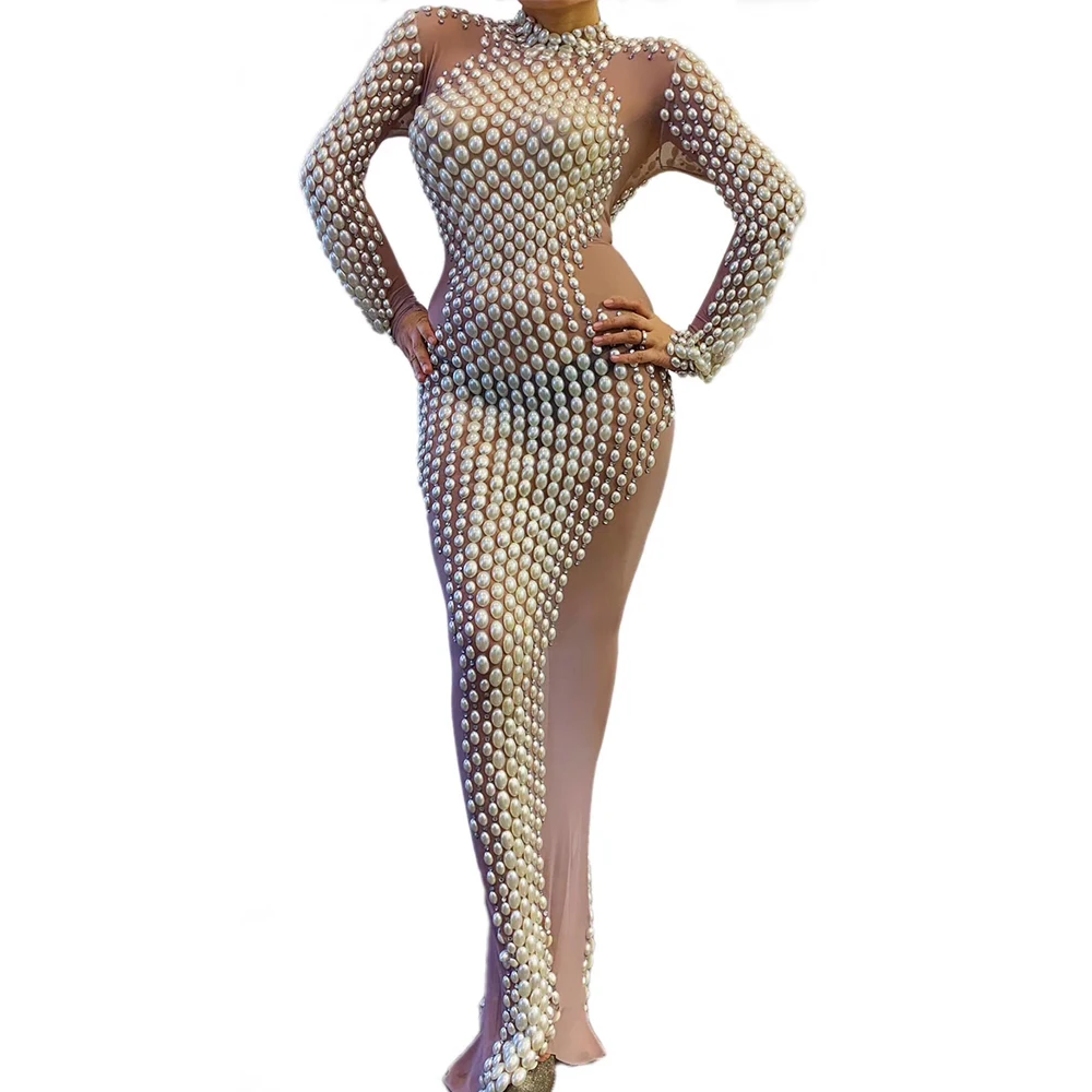 Party Evening Costume Mesh Gauze Perspective Dress Rhinestones Pearl Split Fork Floor-Length Dresses Bar Dance Club Stage Wear
Party Evening Costume Mesh Gauze Perspective Dress Rhinestones Pearl Split Fork Floor-Length Dresses Bar Dance Club Stage Wear