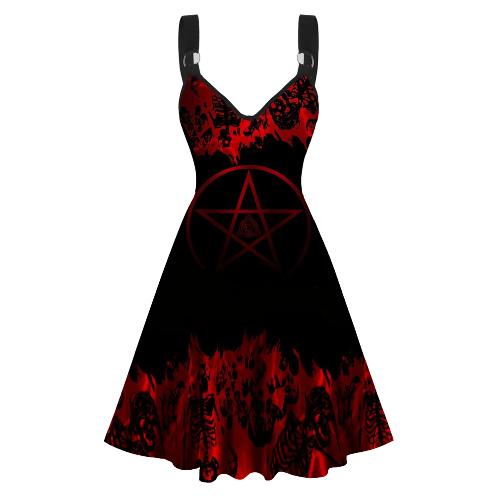 

Dressfo Gothic Contrast Colorblock Skeleton Star Print High Waisted V Neck A Line Mini Dress