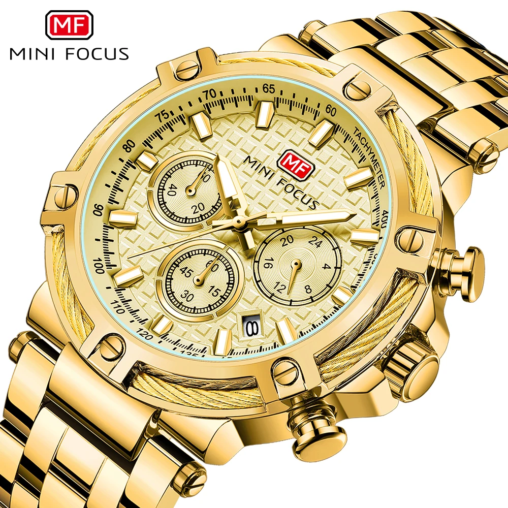 Luxury Gold Watch for Men Multifunction Dial Sports Waterproof Watches Stainless Steel Strap Quartz Wristwatches MINI FOCUS 0470 
Luxury Gold Watch for Men Multifunction Dial Sports Waterproof Watches Stainless Steel Strap Quartz Wristwatches MINI FOCUS 0470