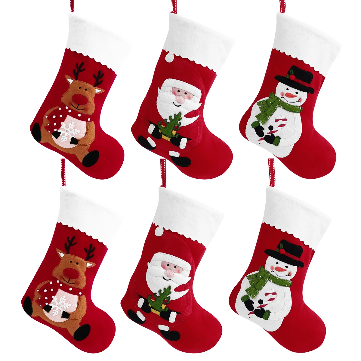 

6Pcs Christmas Stockings, Santa Snowman Reindeer Design Xmas Fireplace Hanging Stockings Plush Socks Holiday Treat Candy Bags
