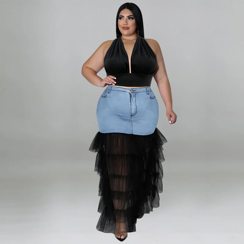 

KEXU Cascade Ruffle Patchwork Zipper Fly High Waist Bodycon Long Denim Skirt 2023 Plus Size Women Streetwear Fashion Jean Skirts