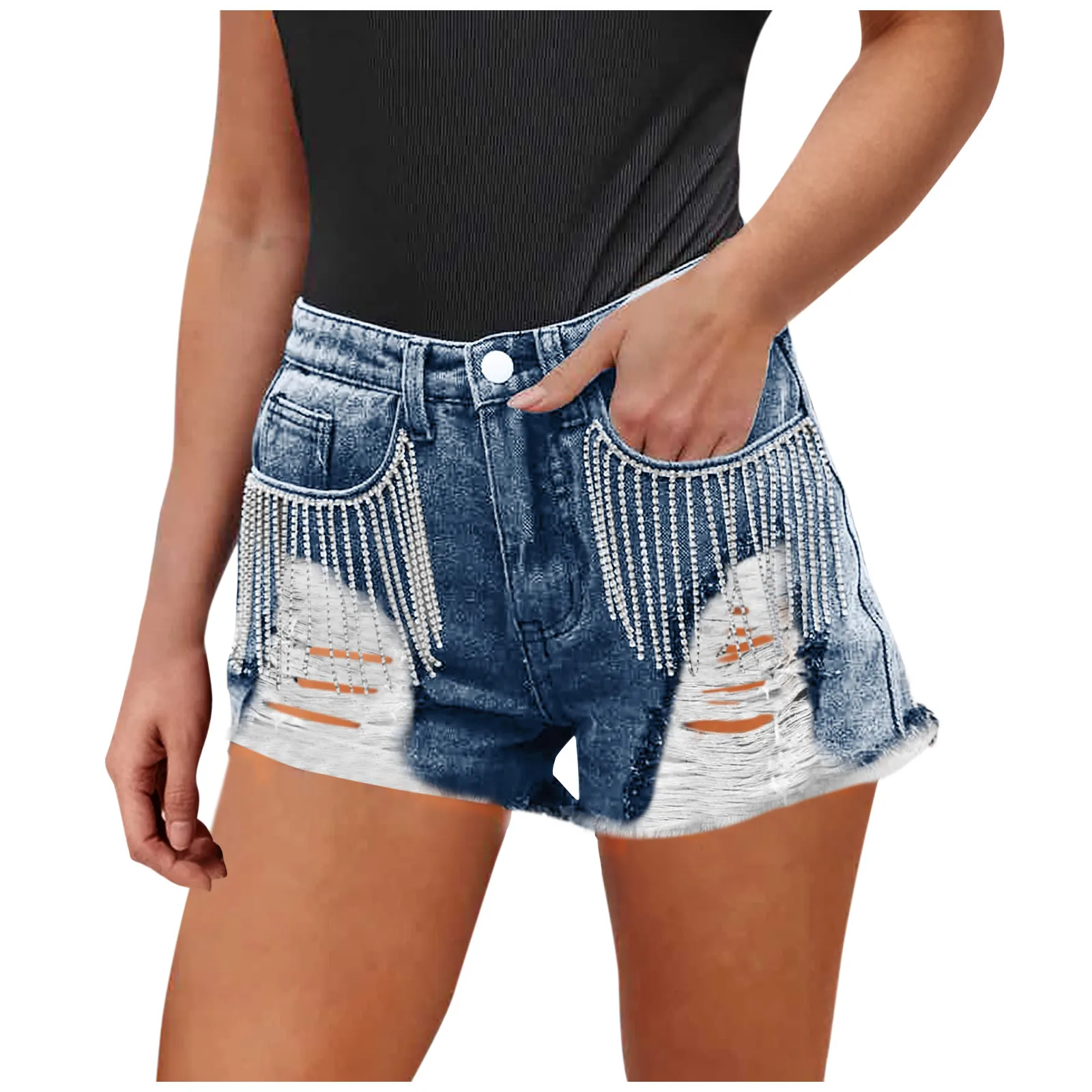 

Women Distressed Denim Shorts Rhinestone Fringe Mid Jean Shorts Frayed Hem Summer Short Jeans Torn Wide-Legged Short Pants 2023