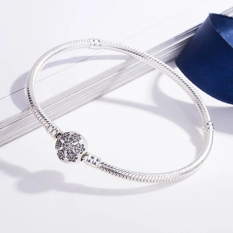 

925 Sterling Silver pan Bracelet Crystal Snowflake Clap Snake Chain Bracelet Bangle Fit Women Bead Charm Fashion Jewelry
