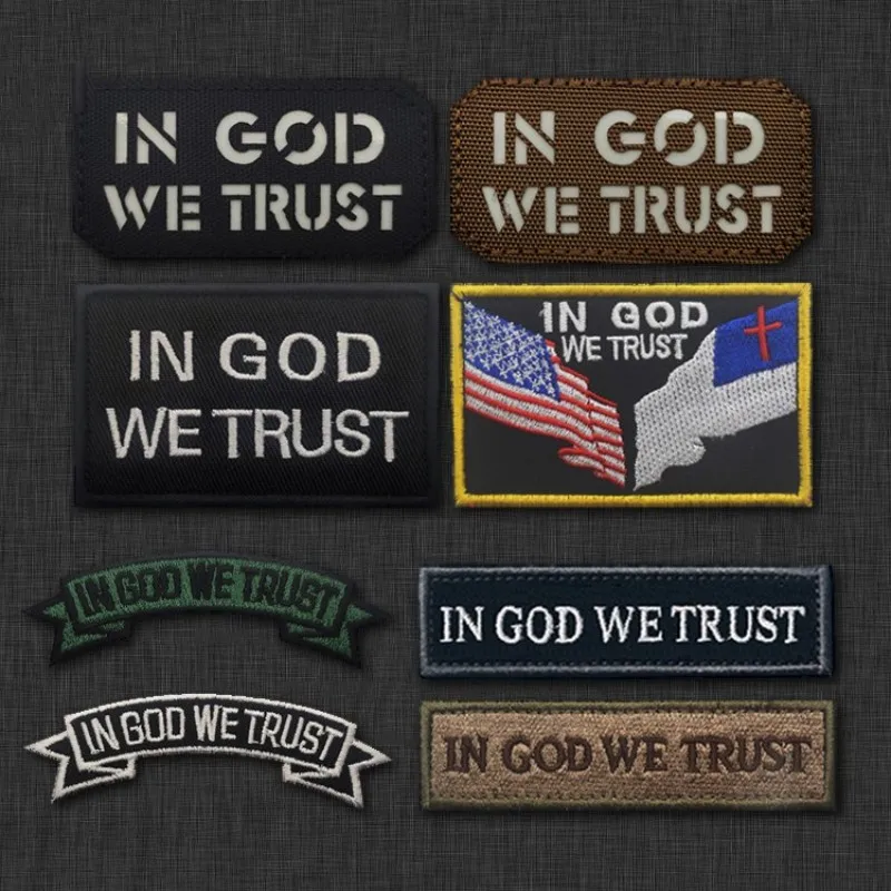 

IN GOD WE TRUST Noctilucent English Armband Hook & Loop Patches Morale Badge on Backpack Sticker American Flag Embroidery Patch