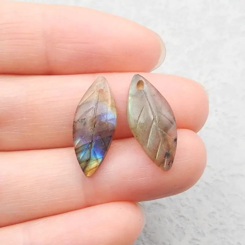 

Natural Stone Earring Gemstone Labradorite Carved Leaves Fashion Women Handmade DIY Supply Jewelry,19x8x3mm,2g