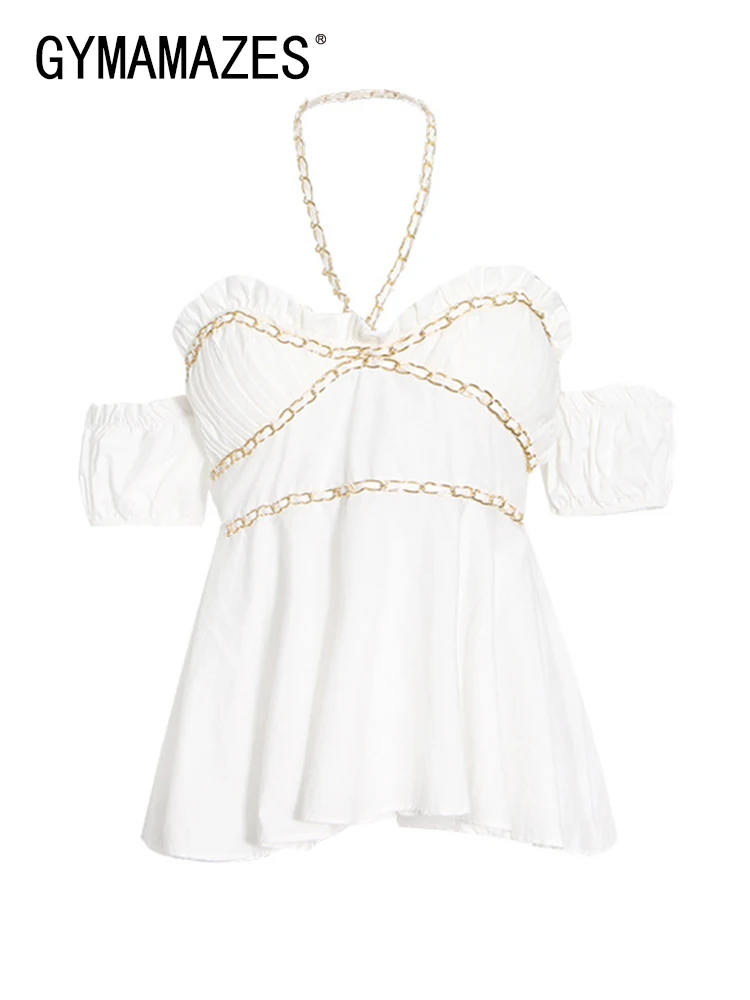 Рубашка GYMAMAZES женская с воротником-халтером, уличная одежда с коротким рукавом, облегающая блузка в стиле пэчворк с рюшами, модная одежда, 2022 
Рубашка GYMAMAZES женская с воротником-халтером, уличная одежда с коротким рукавом, облегающая блузка в стиле пэчворк с рюшами, модная одежда, 2022