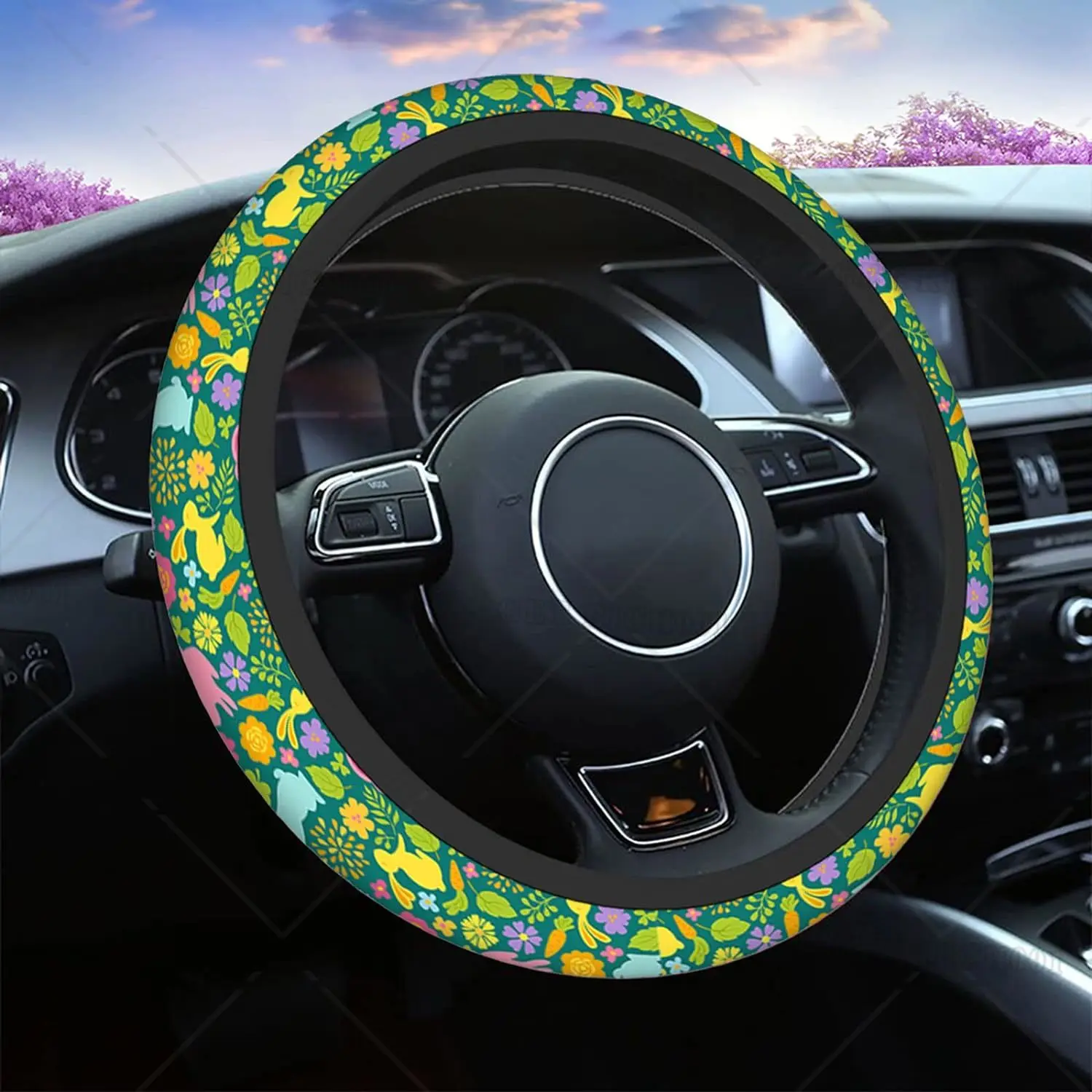 

Easter Steering Wheel Cover Colorful Bunnies Carrots Flowers Leaves Car Wheel Wrap Compatible with Most Auto Cars Trucks 15 Inch