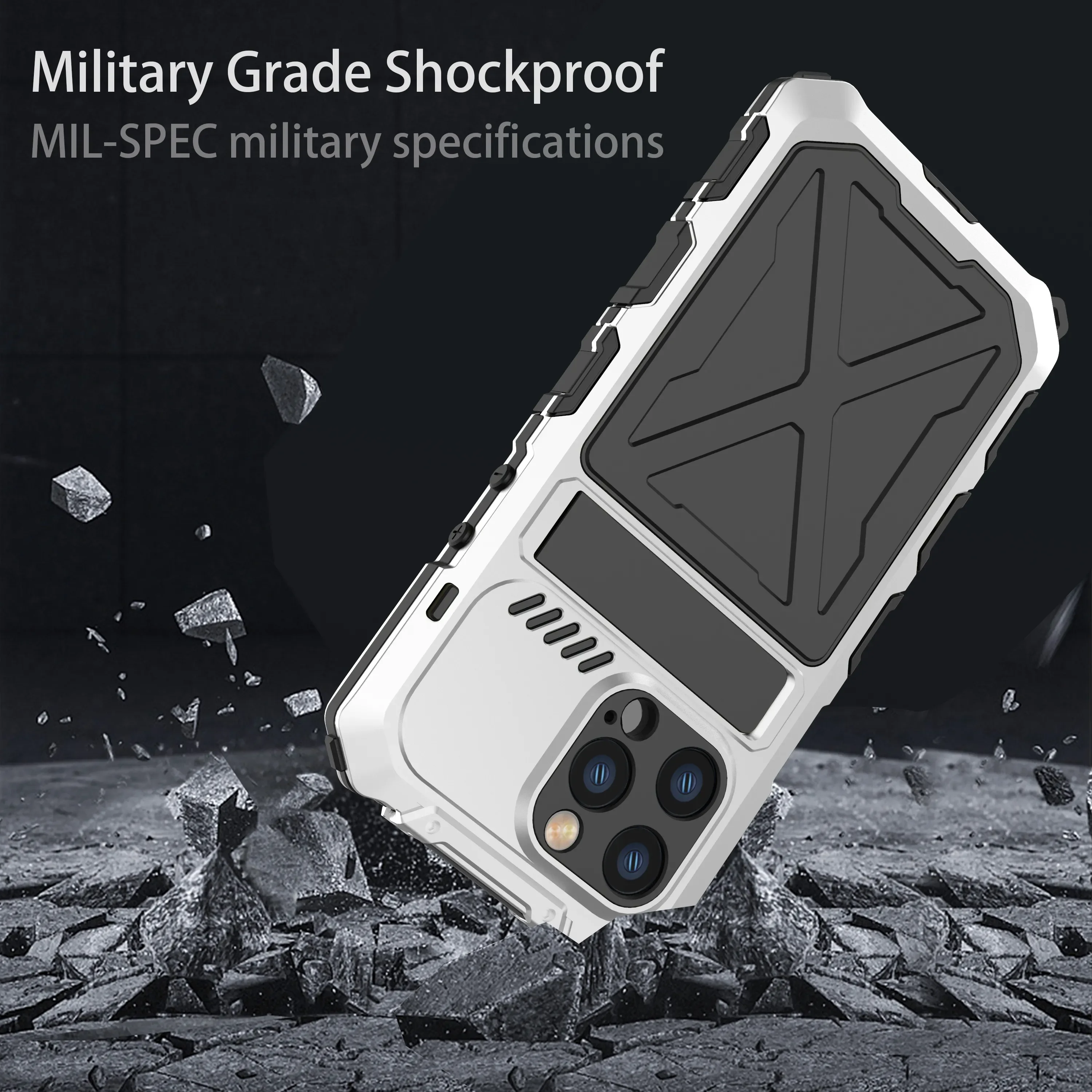 

Shock Absorption Metal Armor Phone Case For Iphone 14 15 Pro Max 15Plus With Kickstand Fully Wrapped Silica Gel Heavy Duty Shell