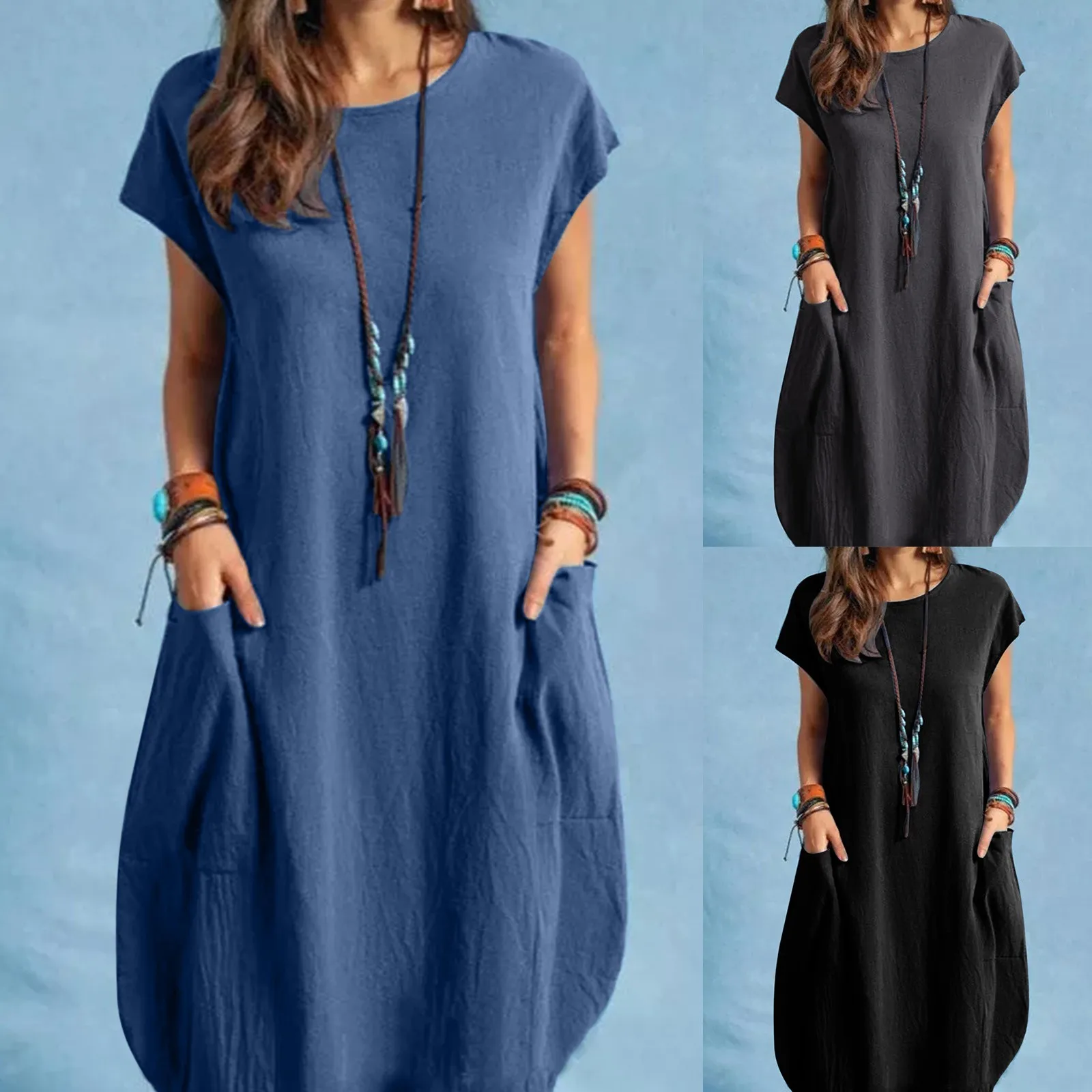 Women Casual O-Neck Short Sleeve Mid-Calf Summer Dress with Pocket Basic Solid Dress Female Beach Party Loose Holiday Dresses
Women Casual O-Neck Short Sleeve Mid-Calf Summer Dress with Pocket Basic Solid Dress Female Beach Party Loose Holiday Dresses