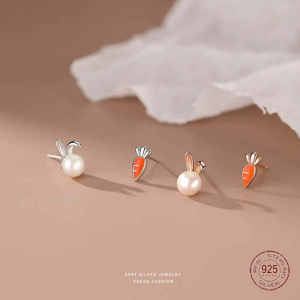 925 Sterling Silver Pearl Rabbit Radish Stud Earrings for Women Cute Temperament Asymmetrical Earring New Design Jewelry
925 Sterling Silver Pearl Rabbit Radish Stud Earrings for Women Cute Temperament Asymmetrical Earring New Design Jewelry