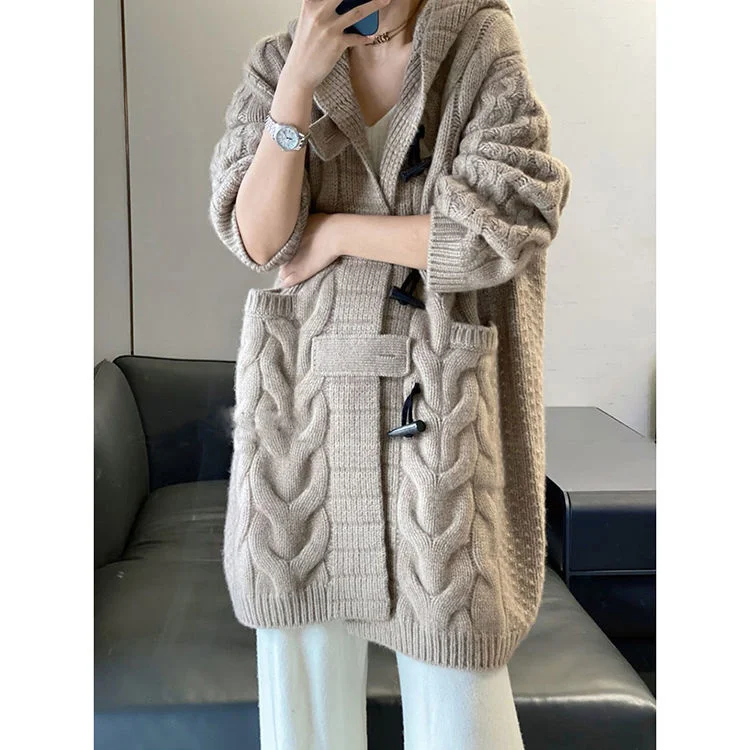 Korean Autumn and Winter New Loose Sweater Cow Horn Button Medium Long Knitwear Slouchy Style Coarse Wool Hooded Coat
Korean Autumn and Winter New Loose Sweater Cow Horn Button Medium Long Knitwear Slouchy Style Coarse Wool Hooded Coat