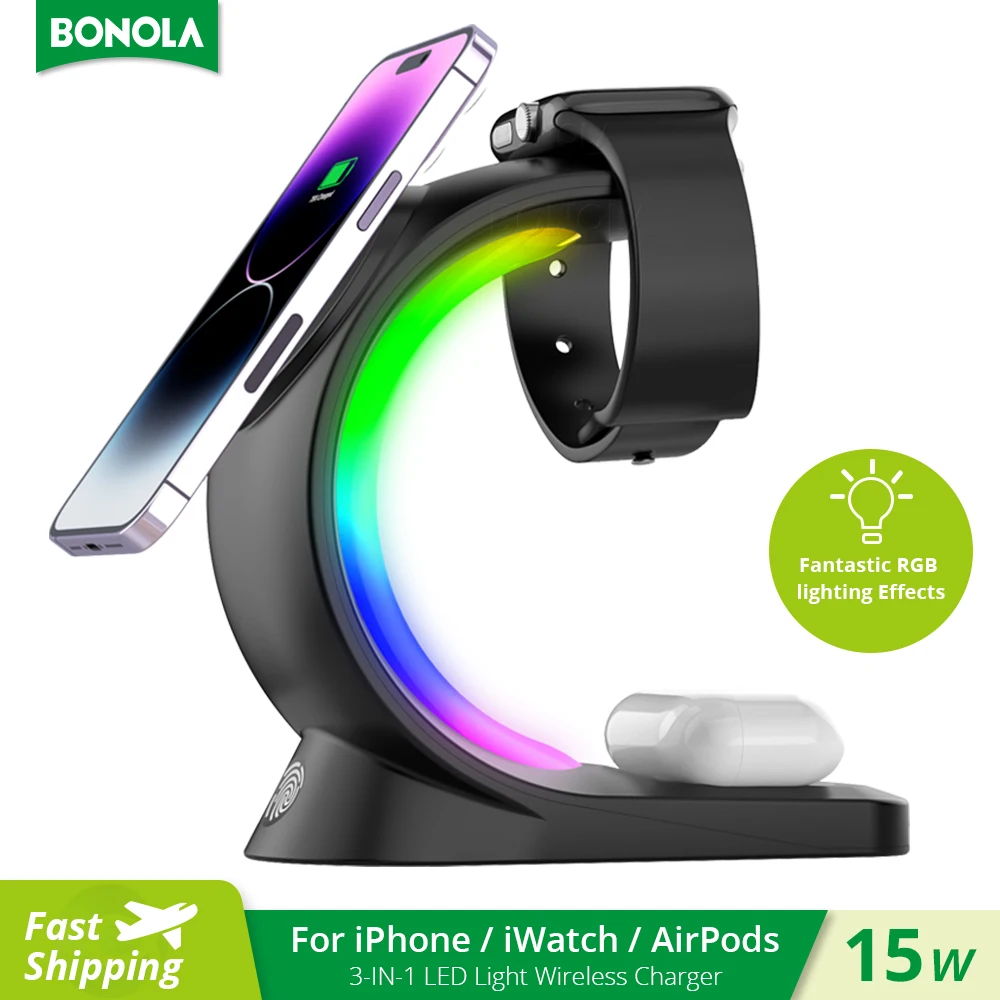 Bonola RGB Light Magnetic 3 in 1 Wireless Charger Station for Apple Watch/AirPods Pro 15W Fast Charging for iPhone 14/13/12 Pro
Bonola RGB Light Magnetic 3 in 1 Wireless Charger Station for Apple Watch/AirPods Pro 15W Fast Charging for iPhone 14/13/12 Pro