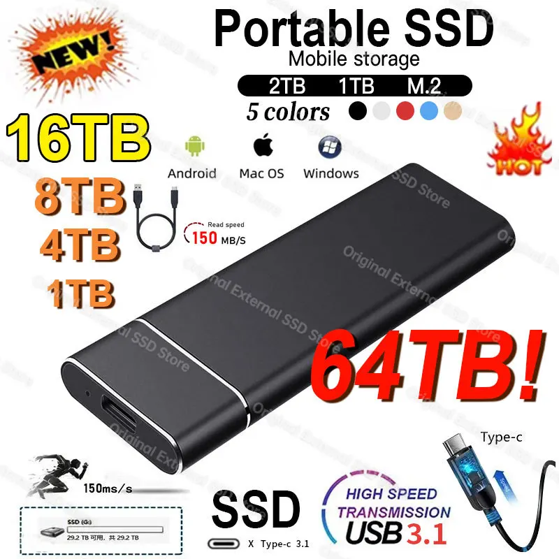 2TB Portable SSD 1TB M.2 Mobile Solid State Drive USB3.1 64TB High-speed Hard Disk External Hard Disk For laptops/desktop/ps5
2TB Portable SSD 1TB M.2 Mobile Solid State Drive USB3.1 64TB High-speed Hard Disk External Hard Disk For laptops/desktop/ps5