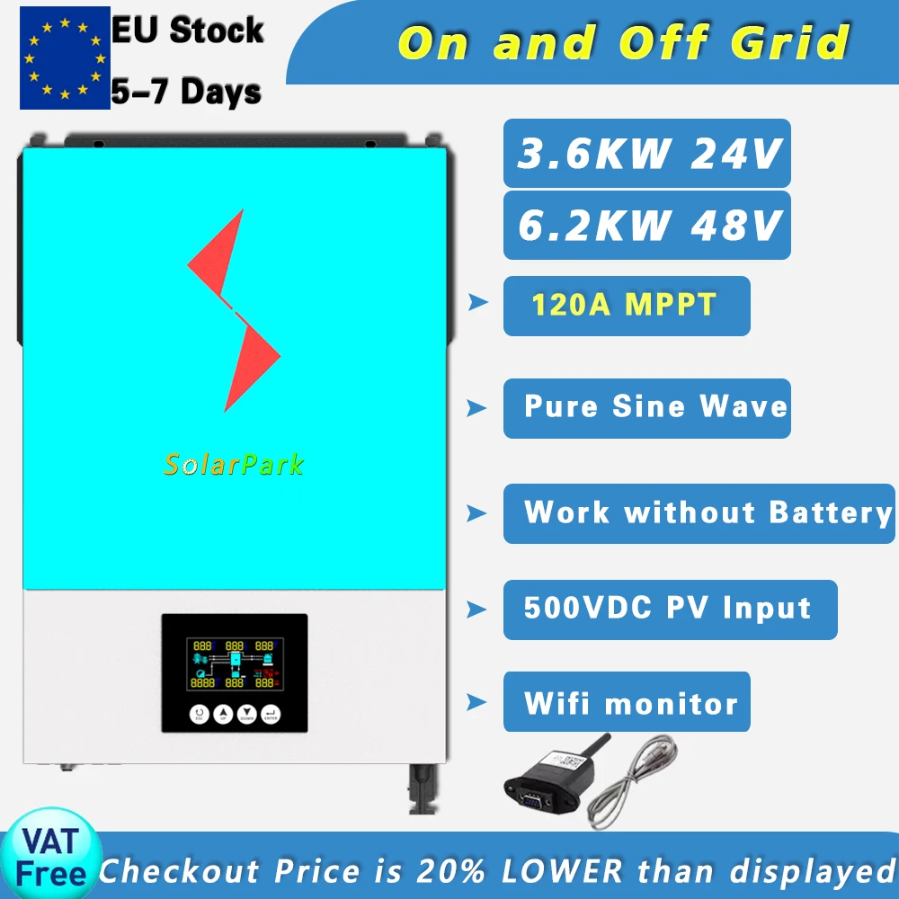 6.2kw 48v On&Off Grid hybrid Solar inverter Built-in 120 A MPPT Solar charger, Input voltage range:90-500VDC
6.2kw 48v On&Off Grid hybrid Solar inverter Built-in 120 A MPPT Solar charger, Input voltage range:90-500VDC