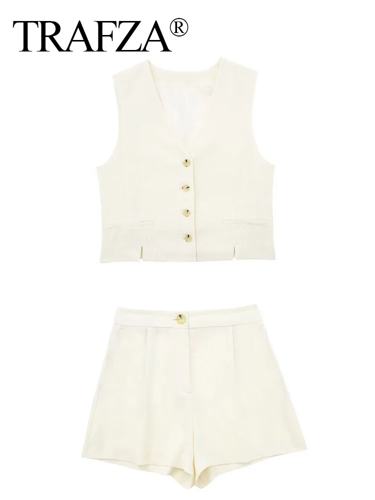 TRAFZA Women Summer White V Neck Sleeveless Single Breasted Vest+Female Vintage Casual Fashion Button Short Pants Two-Piece Suit
TRAFZA Women Summer White V Neck Sleeveless Single Breasted Vest+Female Vintage Casual Fashion Button Short Pants Two-Piece Suit