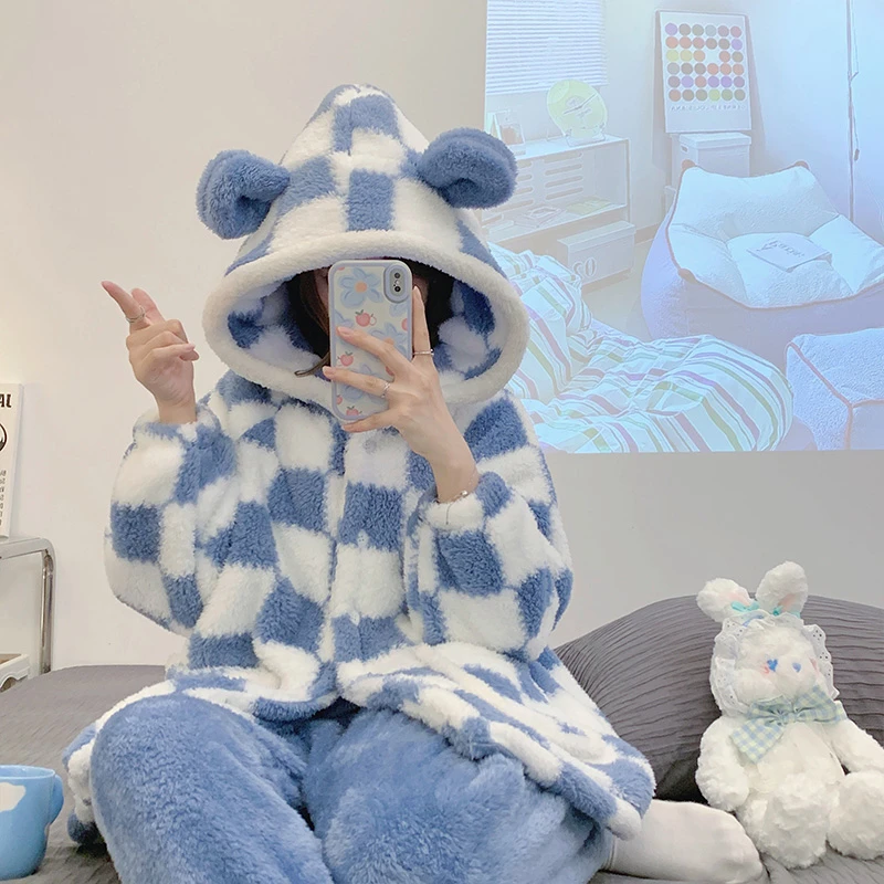 Coral Fleece Thick Winter Pajamas Women Kawaii Blue Plaid Little Bear Ears Cardigan Hooded Sleepwear Warm Flannel Pyjamas Sets
Coral Fleece Thick Winter Pajamas Women Kawaii Blue Plaid Little Bear Ears Cardigan Hooded Sleepwear Warm Flannel Pyjamas Sets