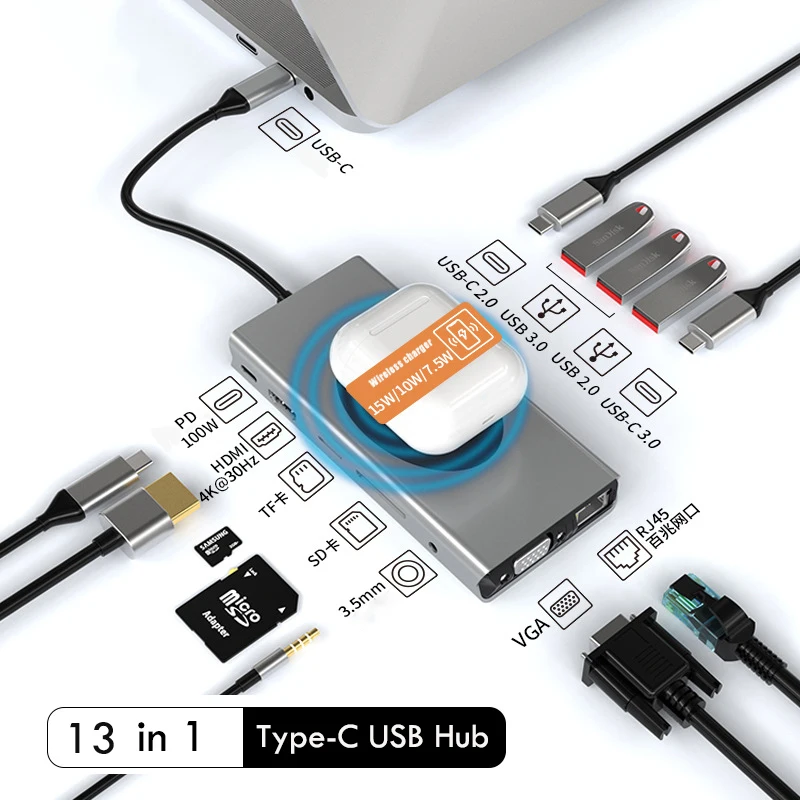 13 in 1 USB C HUB Multiport USB Adapter Support HDMI VGA SD Card Reader Dock Station Laptop PC Accessories for Macbook Pro Air
13 in 1 USB C HUB Multiport USB Adapter Support HDMI VGA SD Card Reader Dock Station Laptop PC Accessories for Macbook Pro Air