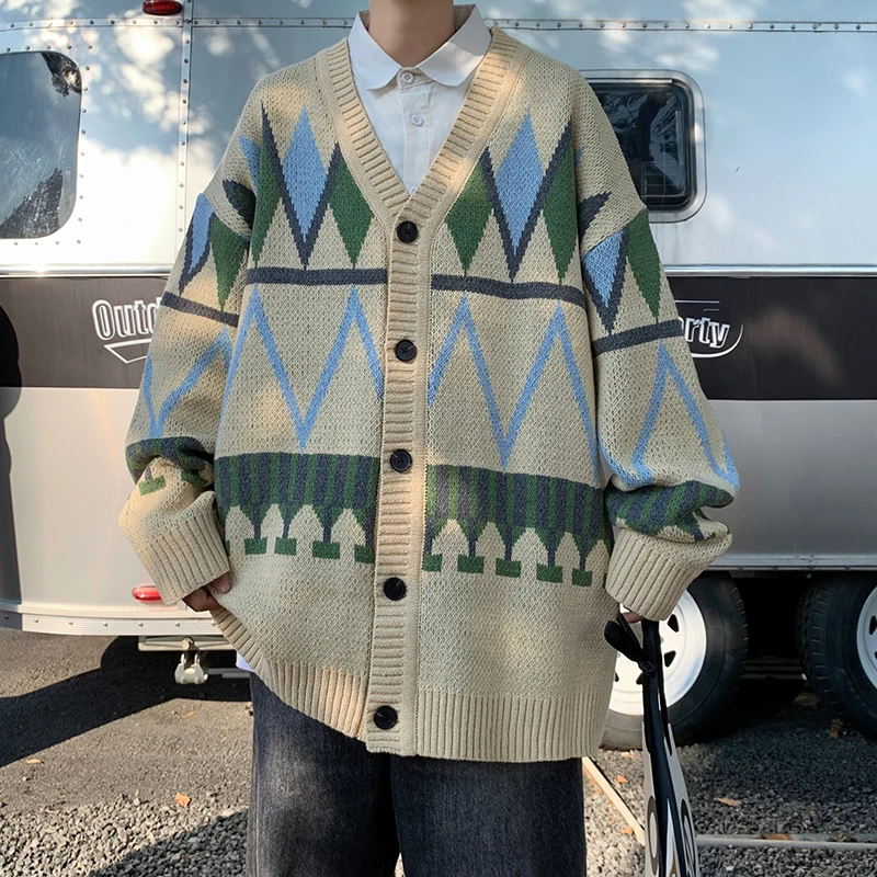 Однобортная куртка с узором ромбиками для мужчин, вязаный кардиган в Корейском стиле, Свободный вязаный свитер, весна-осень
Однобортная куртка с узором ромбиками для мужчин, вязаный кардиган в Корейском стиле, Свободный вязаный свитер, весна-осень