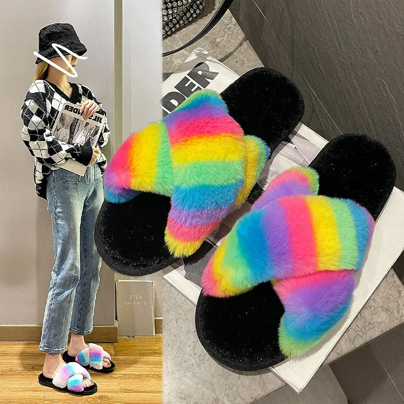 2022 New Colorful Rainbow Cross Slippers Women's Color Plush Warm Open One-word Slippers Fashion Pink Cotton Slippers for Women 
2022 New Colorful Rainbow Cross Slippers Women's Color Plush Warm Open One-word Slippers Fashion Pink Cotton Slippers for Women