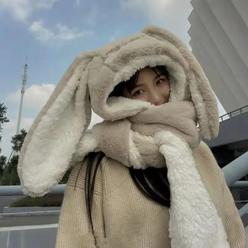 

2022 Winter Scarf Hat Glove 3 Piece Set Women New Fashion Cute Rabbit Big Ear Bunny Warm Soft Thickening Pocket Hats Hooded