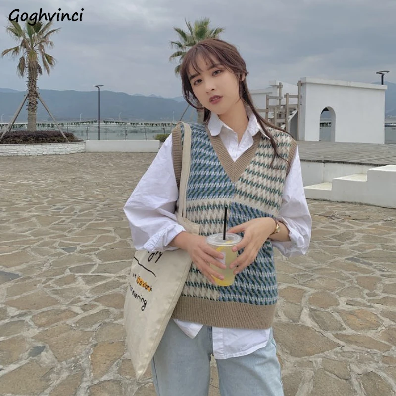 

Sweater Vest Women Argyle Panelled Loose V-neck Knitted Retro Teens Preppy Young Chic Ulzzang Casual Vintage Cool Holiday Tender