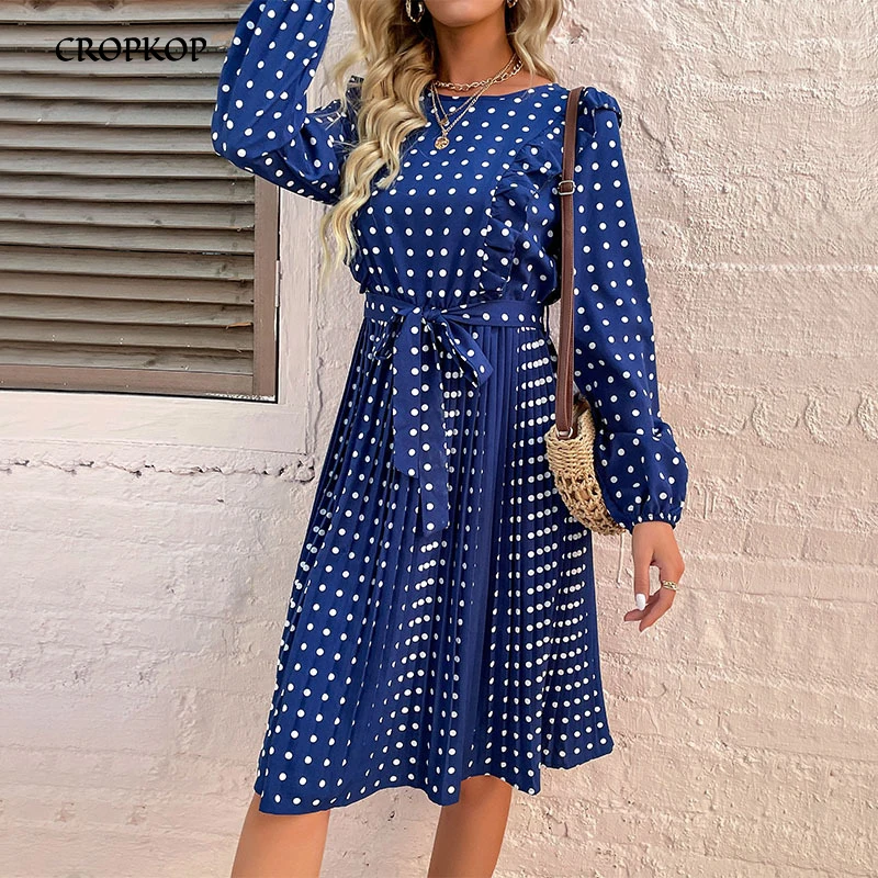 Spring Pleated Midi Dress Woman Elegant Bandage Ruffle Long Sleeve Party Dresses For Women Casual Blue Polka Dot Dress 2022
Spring Pleated Midi Dress Woman Elegant Bandage Ruffle Long Sleeve Party Dresses For Women Casual Blue Polka Dot Dress 2022